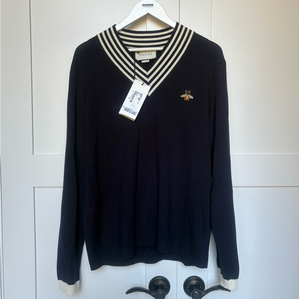 Authentic Gucci Men's V-Neck Sweater in Black with Cream Stripes